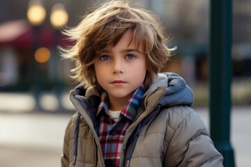 Portrait of a little boy with blond hair in the city. - obrazy, fototapety, plakaty