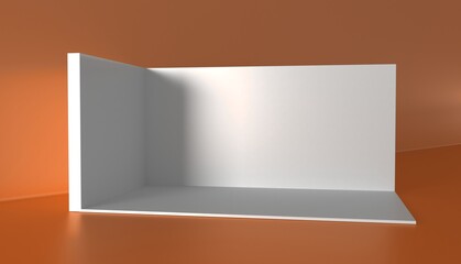 3D exhibition booth. Showroom. Square corner. Empty geometric square. Blank box template. White blank exhibition stand. Presentation event room.	
