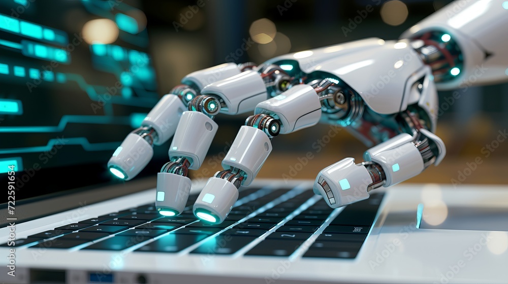 Poster artificial intelligence in business robot hand typing on laptop with glowing infographic lines