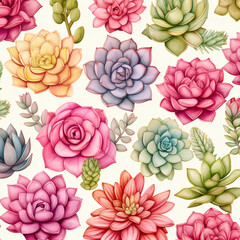 Cute watercolor succulents mix. Multi-colored succulents on white background. 