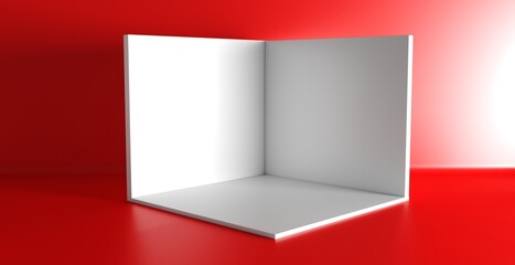 Square exhibition and Cube box. Corner room interior section on red background. White blank geometric square 3D blank box template.