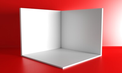 Square exhibition and Cube box. Corner room interior section on red background. White blank geometric square 3D blank box template.	
