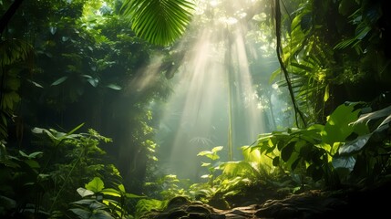 Fototapeta na wymiar Lush greenery of a tropical forest with sunlight filtering through the leaves