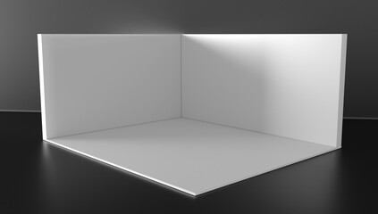 Square exhibition and Cube box. Corner room interior section on grey background. White blank geometric square 3D blank box template.	
