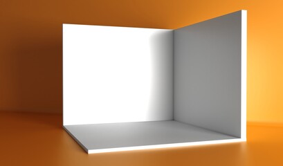 Square exhibition and Cube box. Corner room interior section on orange background. White blank geometric square 3D blank box template.	

