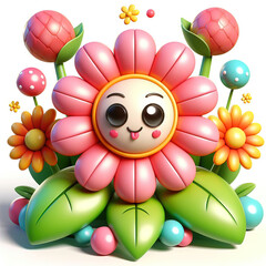 Naklejka premium The image features a pink and green plastic flower that has been artistically arranged to resemble a sunflower. This creative display is accompanied by several colorful balls scattered around the flow
