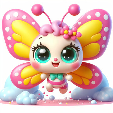 The image features a cute cartoon butterfly character with pink and yellow colors, wearing a pink bow in her hair. She appears to be jumping or flying through the air, possibly landing on a cloud.