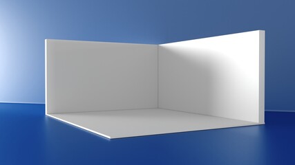 3D exhibition booth. Showroom. Square corner. Empty geometric square. Blank box template. White blank exhibition stand. Presentation event room.	