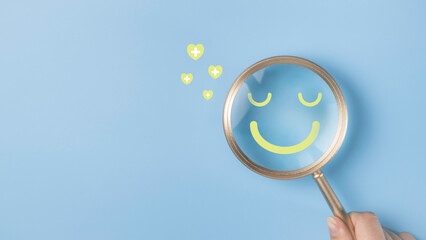 Smile face emotion happy inside magnifying glass with plus sign show positive thinking satisfaction...
