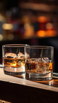 Two glasses of whiskey with ice on a bar counter, dark background with bokeh.