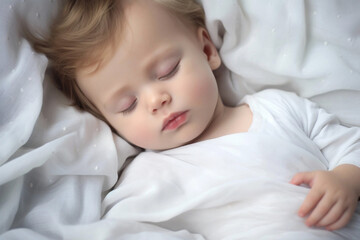 Little boy with white skin sleeping in bed with closed eyes under the blanket with white bedding. 
