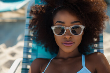 Woman in Blue Bikini Top and Sunglasses