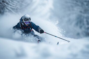 Fototapeta na wymiar Man Skiing Down Snow Covered Slope
