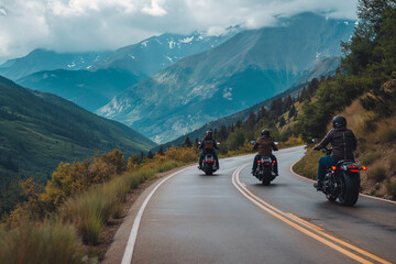 Three People Riding Motorcycles Down a Mountain Road
