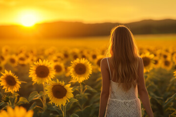 Fototapeta na wymiar Woman Standing in Sunflower Field