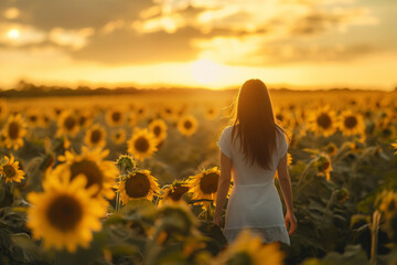 Woman Walking Through Sunflower Field - obrazy, fototapety, plakaty