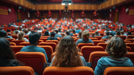 Group of People Sitting in a Theater Watching an Educational Presentation