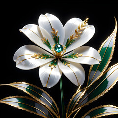 AI prompt: 4K+ graphic of an intricate ragrass flower with mother-of-pearl, gemstones, and gold, capturing a captivating and enchanting atmosphere.(Generative AI) 