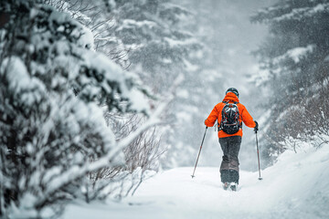 Fototapeta na wymiar Person in Orange Jacket Cross Country Skiing