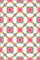 playing card / tarot card reverse side art, card back pattern or floral stationery / card design - interlocking geometric pattern of red and pink flowers with green leaves on white tiled background