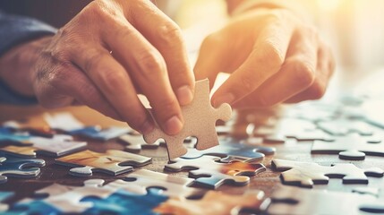 Hand of businessman connecting jigsaw puzzle. Business solutions, partnership, success and strategy concept.