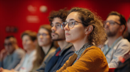 Obraz premium Group of People Sitting in Front of Red Wall for Educational Discussion