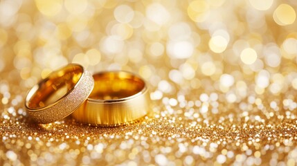 Two gold wedding rings on soft yellow bokeh background with copy space for text placement