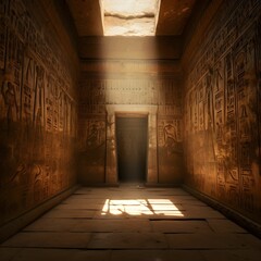 inside of an old Egyptian tomb, light from entrance to  the tomb shines inside - Generative AI