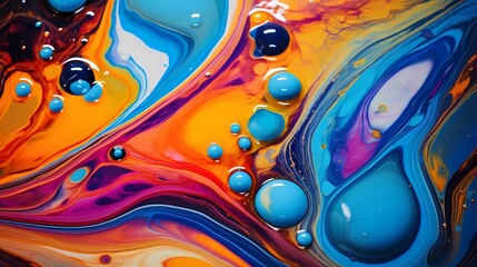 Macro shot of oil and water mixing to create abstract, vibrant patterns
