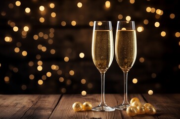 Celebratory champagne flutes with golden sparkle