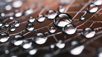 Macro shot of water droplets on a spider web, forming abstract patterns