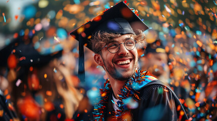 Man in Graduation Cap and Gown Surrounded by Confetti