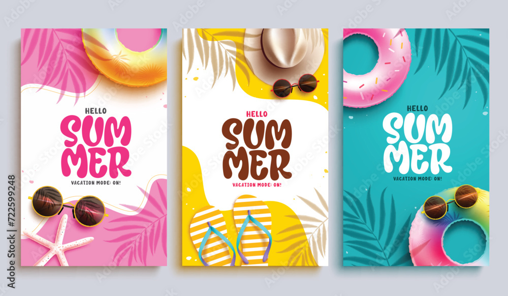 Poster summer hello poster vector set design. hello summer text greeting with floaters, hat, flipflop and s