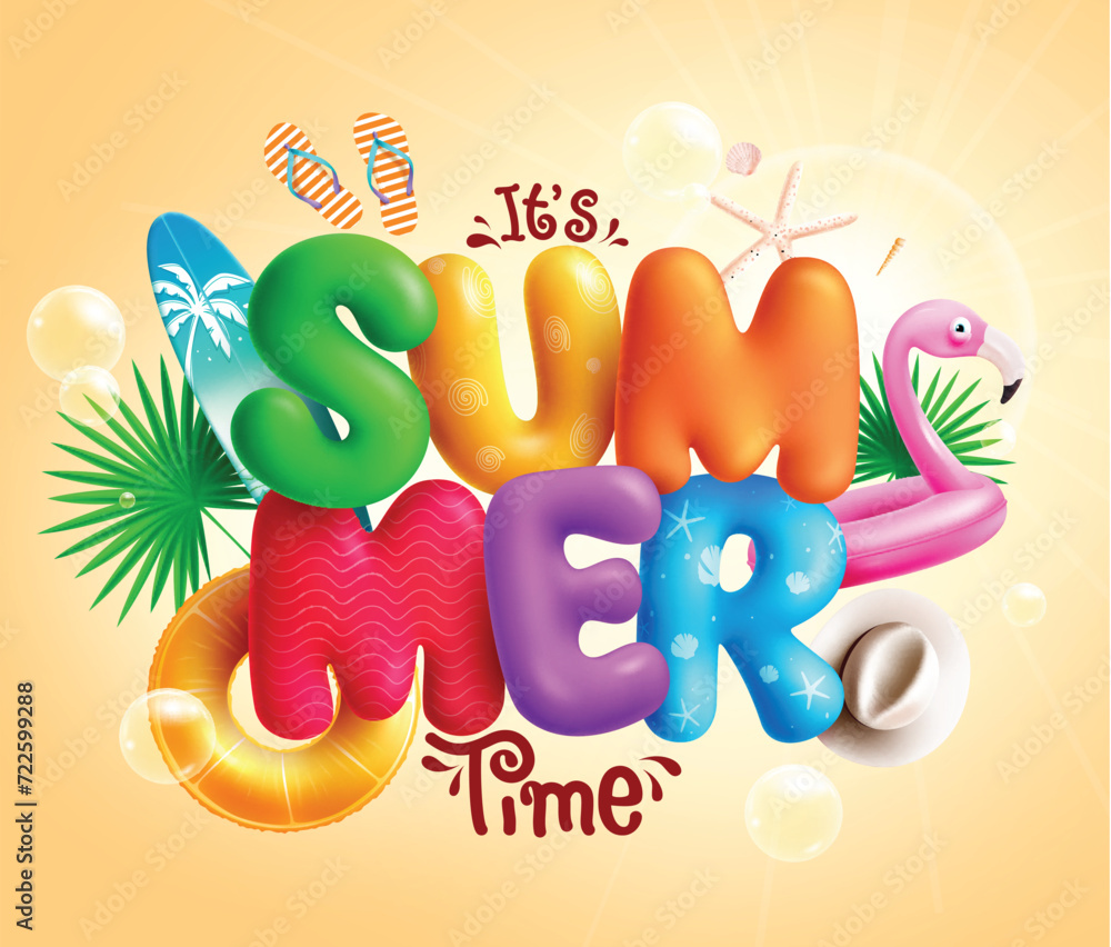 Poster summer time 3d text vector design. summer title printed colorful 3d font with floaters flamingo, sur