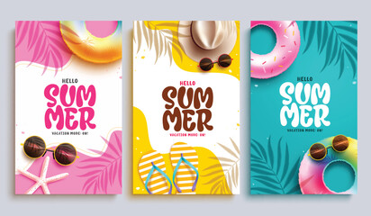 Summer hello poster vector set design. Hello summer text greeting with floaters, hat, flipflop and starfish beach elements for tropical season template collection. Vector illustration summer greeting  - obrazy, fototapety, plakaty