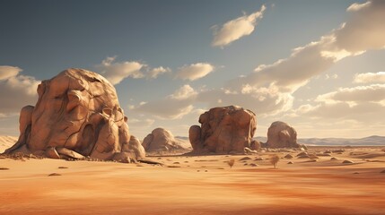 Massive desert boulders perched atop a sandy plateau, creating a dramatic and otherworldly scene