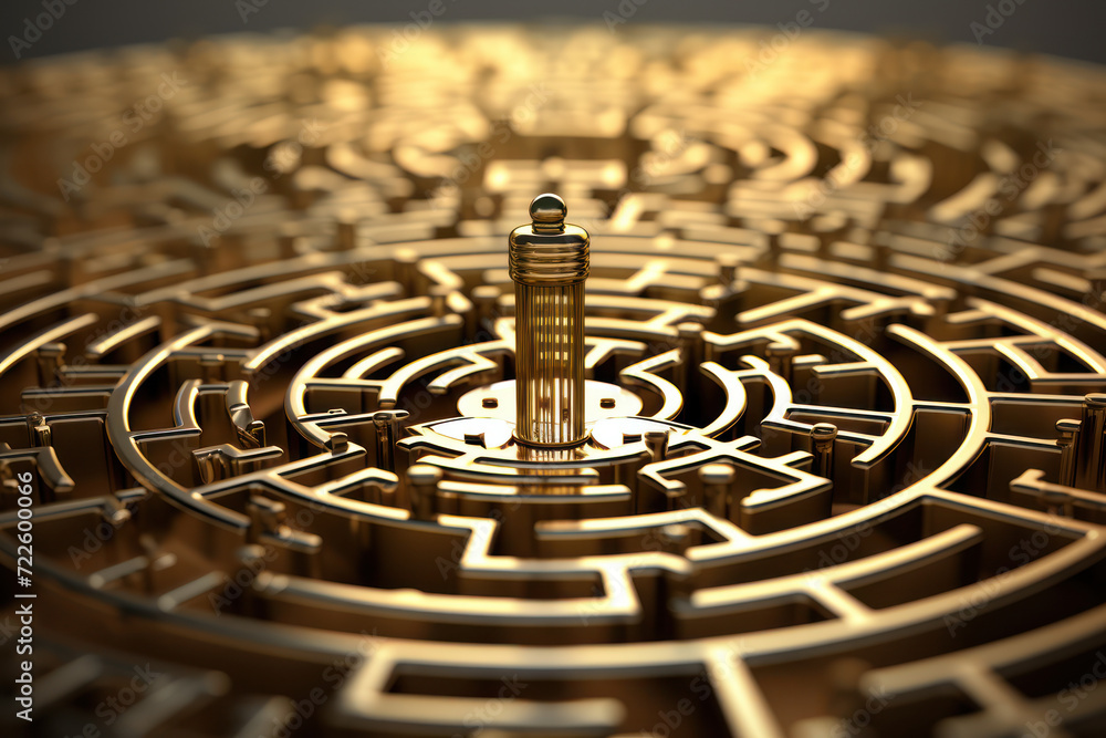 Poster a vector graphic illustrating a maze with a key at its center, representing the intricate journey an