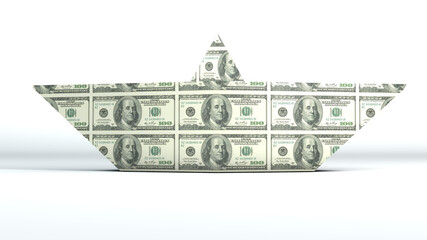 Paper boat made with Dollar. Money USA. Conceptual idea about finance. 3D render