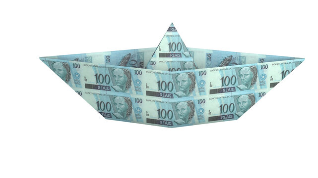 Paper boat made with 100 reais cedula. Money from Brazil. Conceptual idea about finance. 3D render.