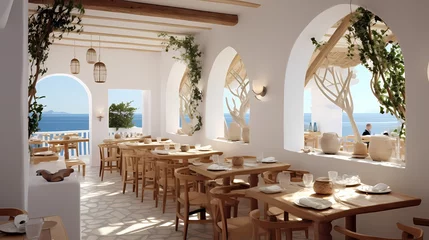 Keuken spatwand met foto Mediterranean restaurant with whitewashed walls, wooden furniture, and a breezy seaside vibe © CREATER CENTER