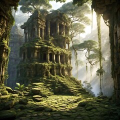 Ruinas antiguas en una selva tropical - obrazy, fototapety, plakaty