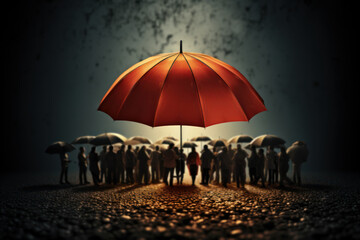 An abstract vector image of a currency umbrella sheltering individuals from economic downturns,...