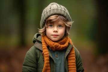 Portrait of a cute little boy in a warm hat and scarf in the autumn forest.