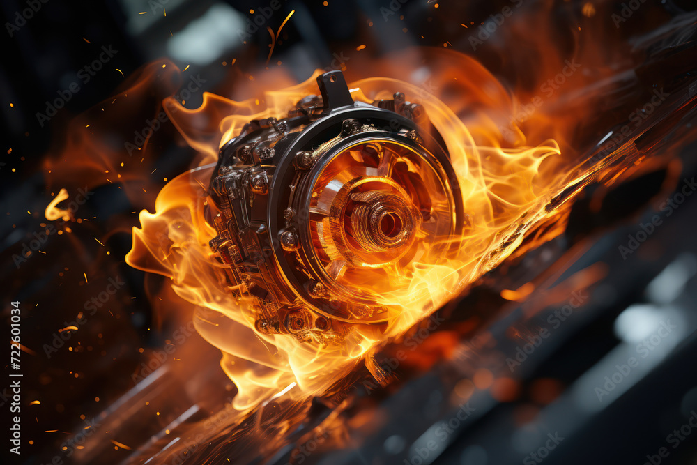 Poster a macro photograph of a spark igniting fuel, capturing the moment of combustion and the release of e
