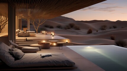 Fototapeta na wymiar Mesmerizing desert oasis surrounded by arid landscapes, offering a serene contrast in the heart of the dunes