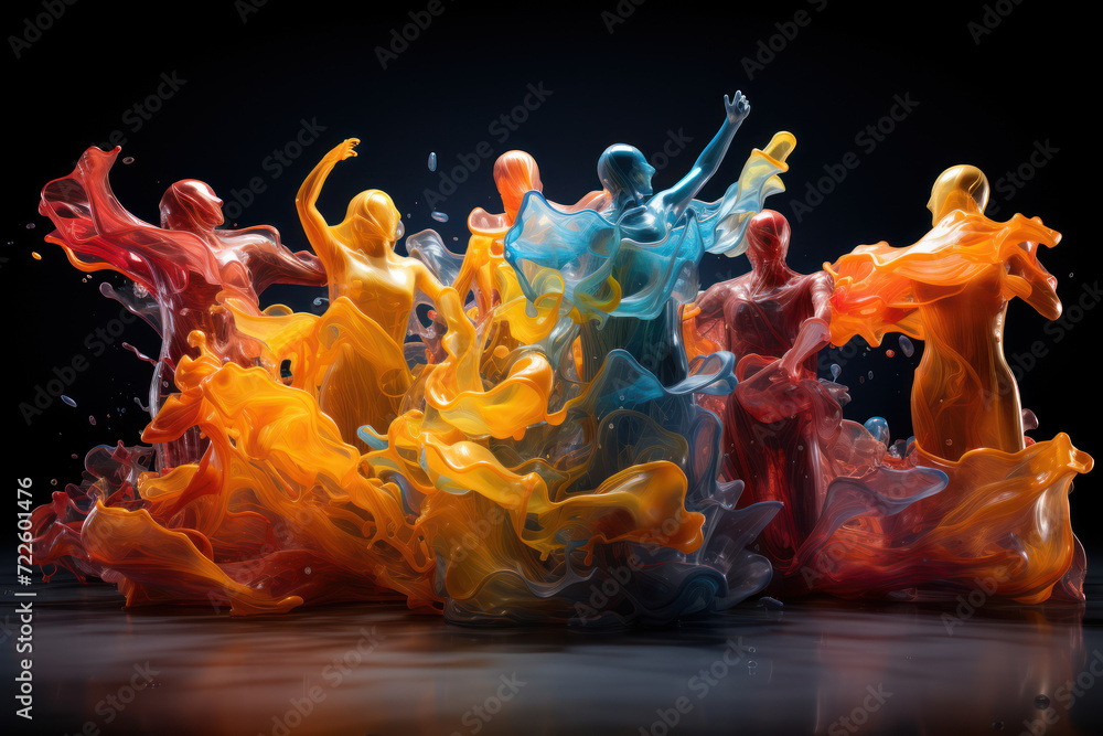 Poster a group of abstract figures, their forms merging in a dance of vibrant colors, symbolizing the inter