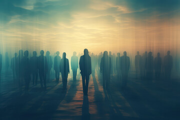 Silhouettes of faceless individuals emerge from an abstract landscape of gradients and textures, symbolizing the universality of the human experience. Generative Ai.