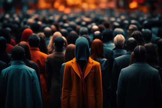 Bold graphic elements come together to depict a faceless crowd, emphasizing the visual impact and unity found within a diverse community. Generative Ai.