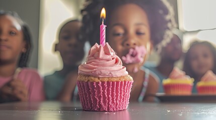 A birthday cupcake with candle and pink frosting with a family in the background and a little girl blowing out the candle. 