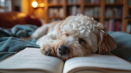 White Dog Laying on Top of an Open Book